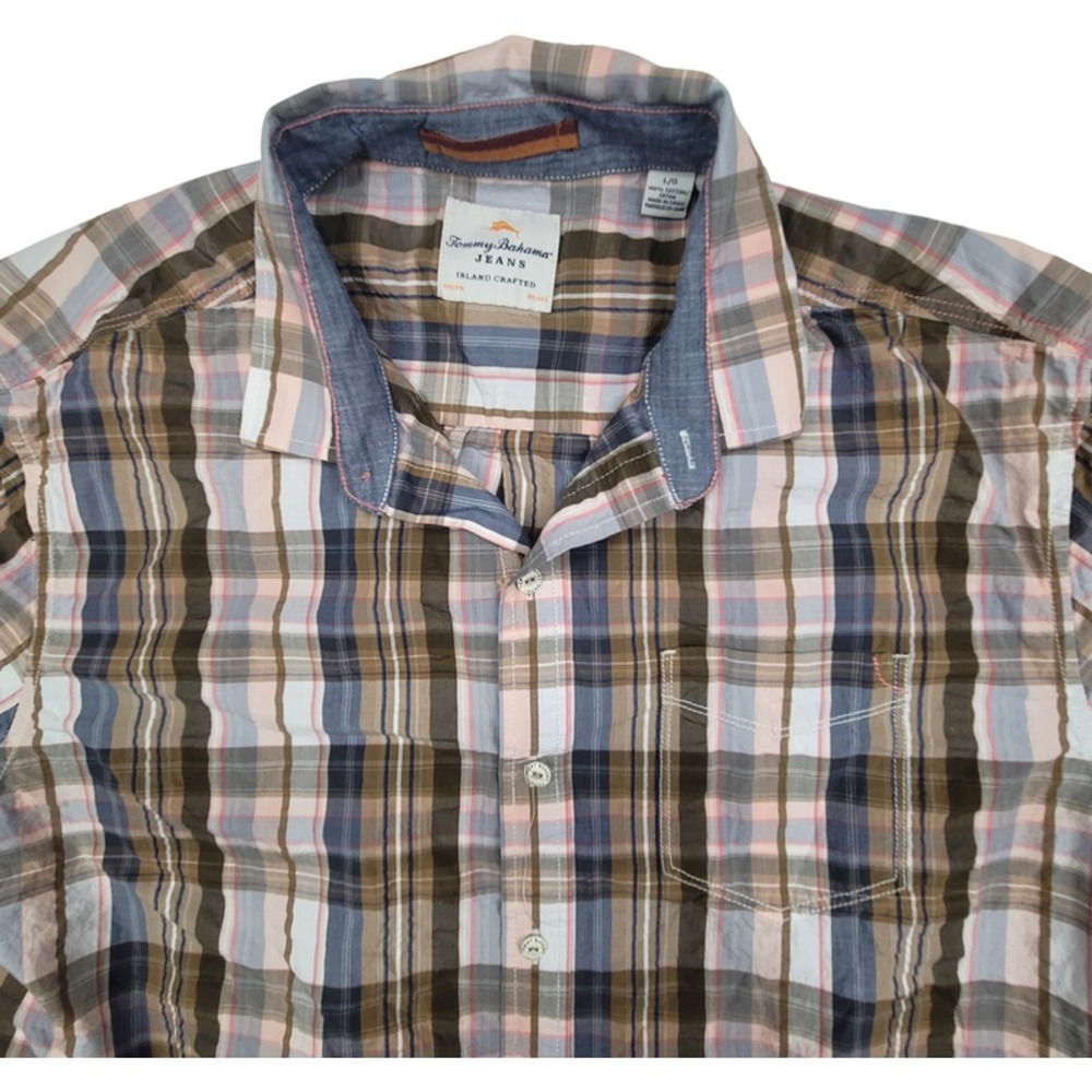 Tommy Bahama  Jeans Men's Short Sleeve Shirt Cotton Plaid Brown Blue Size‎ L